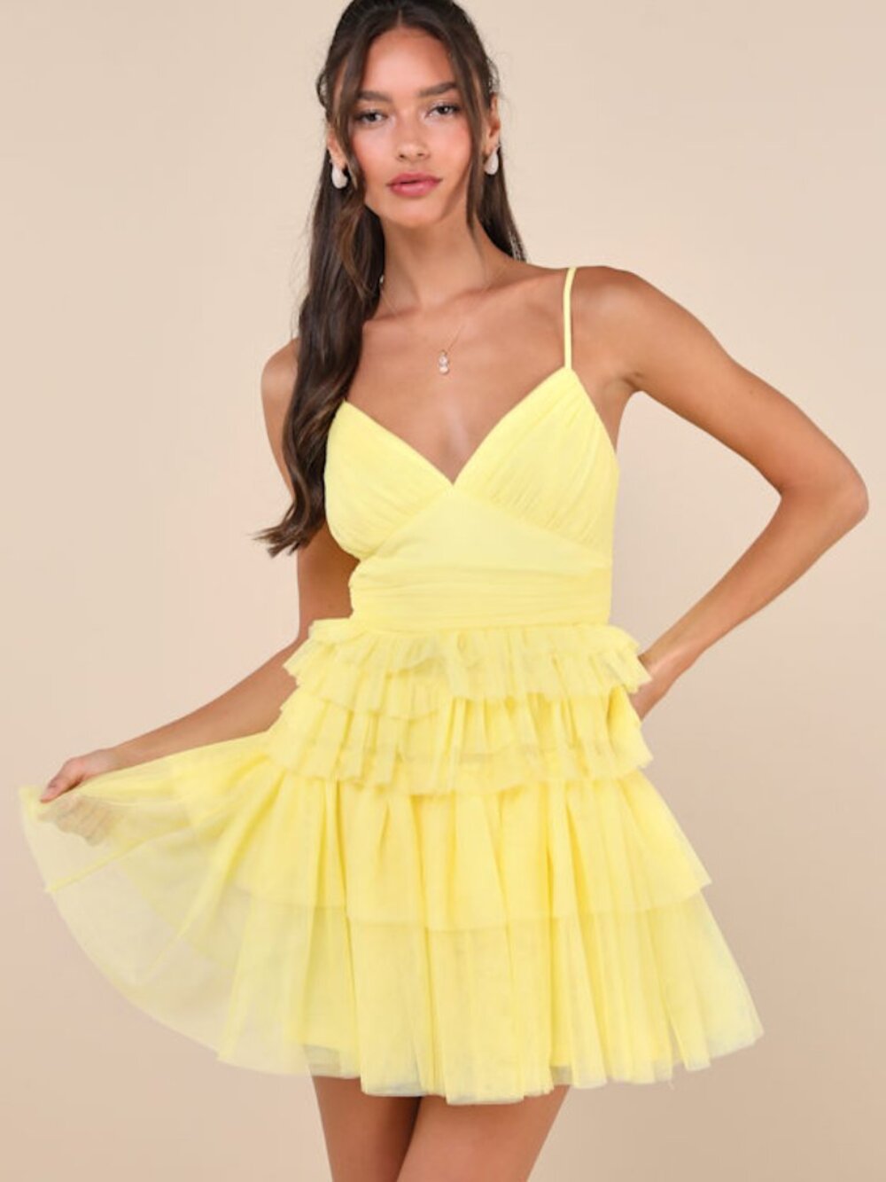 Lulus Special Poise Yellow Tulle Pleated Sleeveless Tiered Mini Dress - Size L
